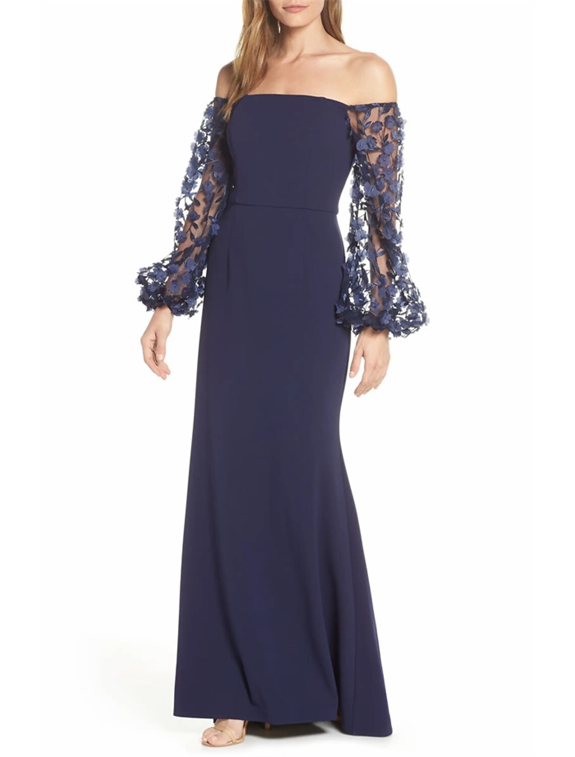 Meerjungfrau/Trompete Abendkleid Elegantes Kleid Formale Schleppe/Pinselzug Langarm Schulterfrei Stretchstoff mit Applikationen